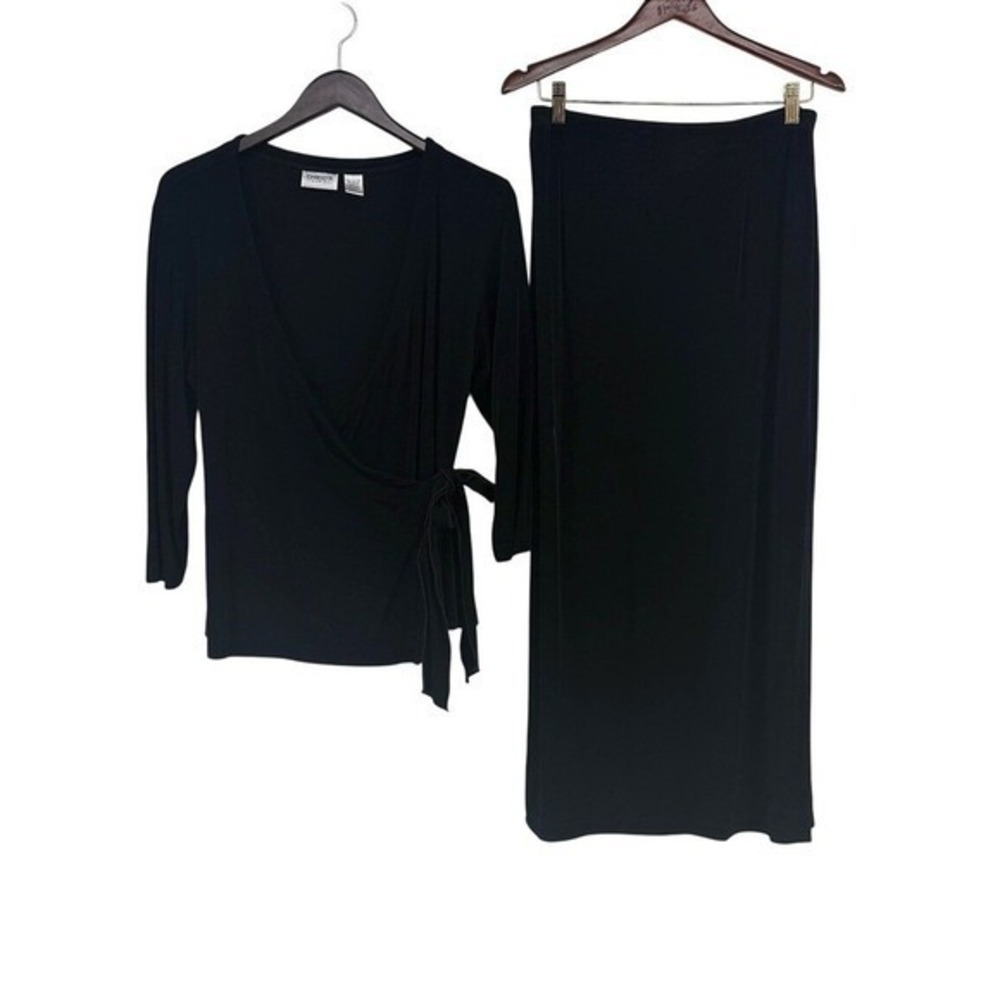 Chicos Travelers Black Wrap Top and Maxi Skirt Set Size 2 Large Ribbed Knit 2pc